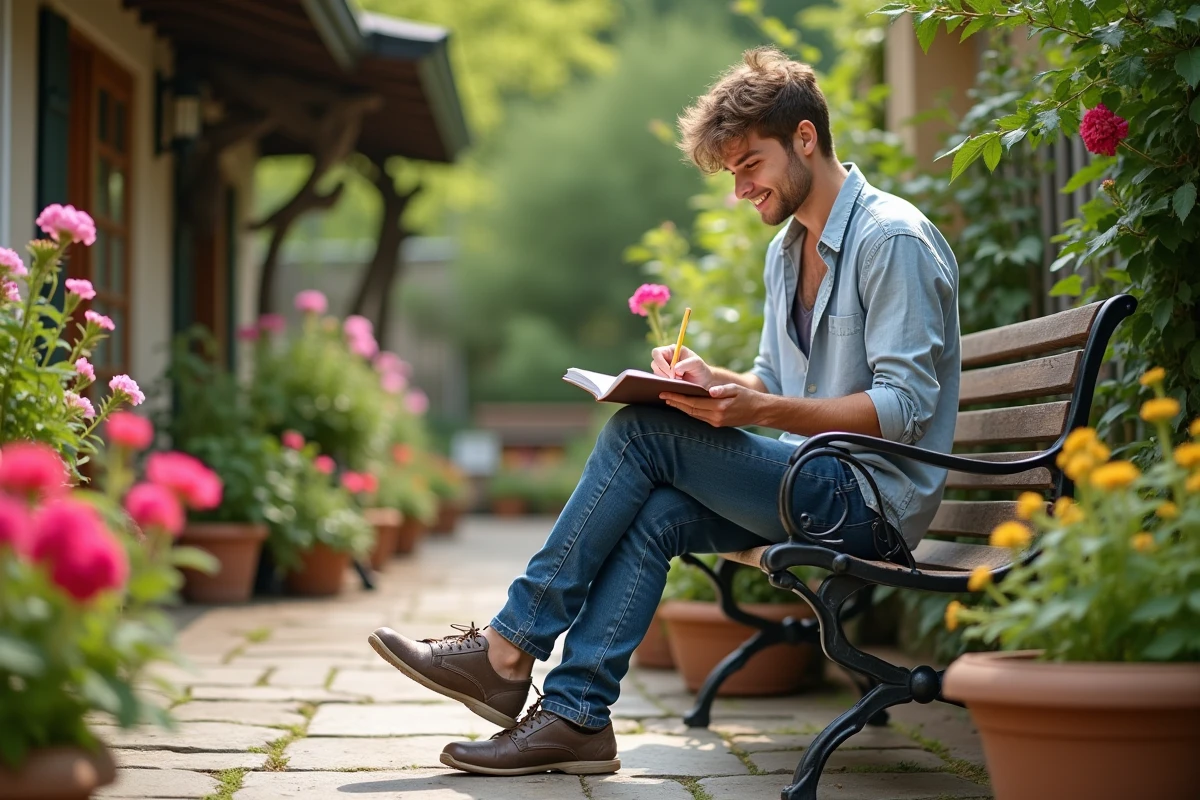 Jeune homme esquissant un arrangement floral sur une terrasse