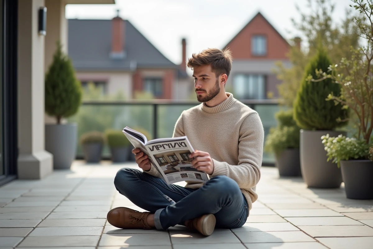 Jeune homme lisant un magazine de design sur une terrasse extérieure