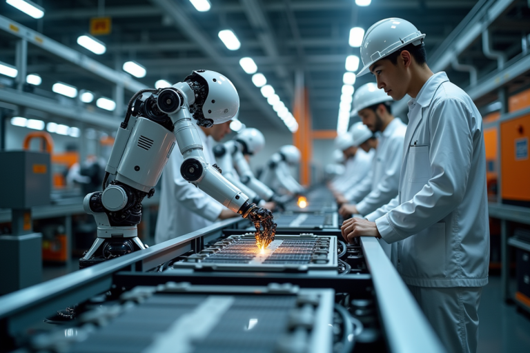Ligne de robotique avancée dans une usine moderne avec bras robotiques