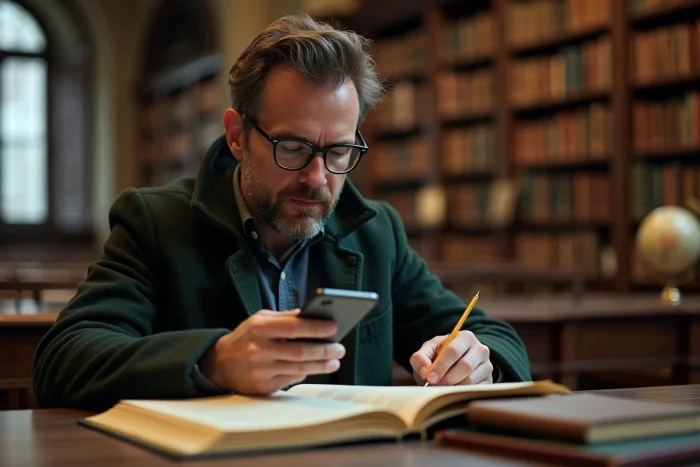 Homme avec lunettes consultant le dictionnaire bilingue Linguee sur smartphone avec des livres de référence en bibliothèque universitaire