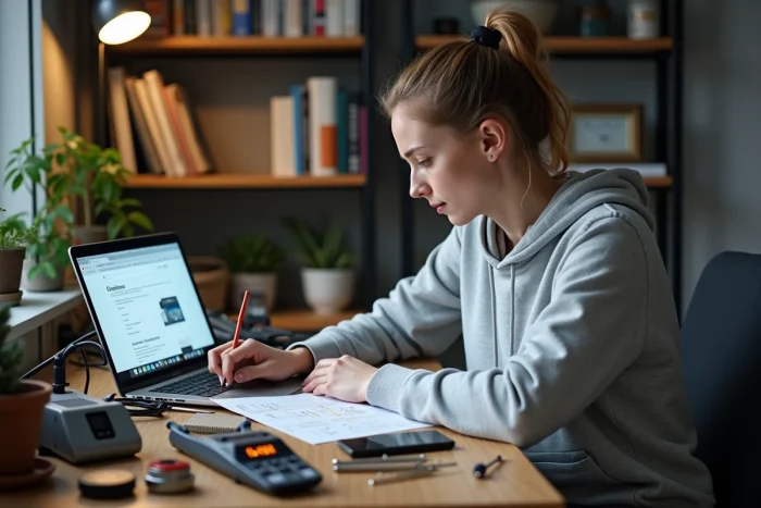 Femme consultant une liste d'outils électronique pour débutants sur un bureau avec matériel et ordinateur portable
