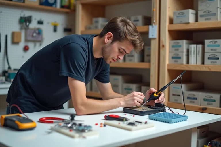 Jeune homme organisant une liste d'outils d'électronique pour débutant sur un établi de bricolage