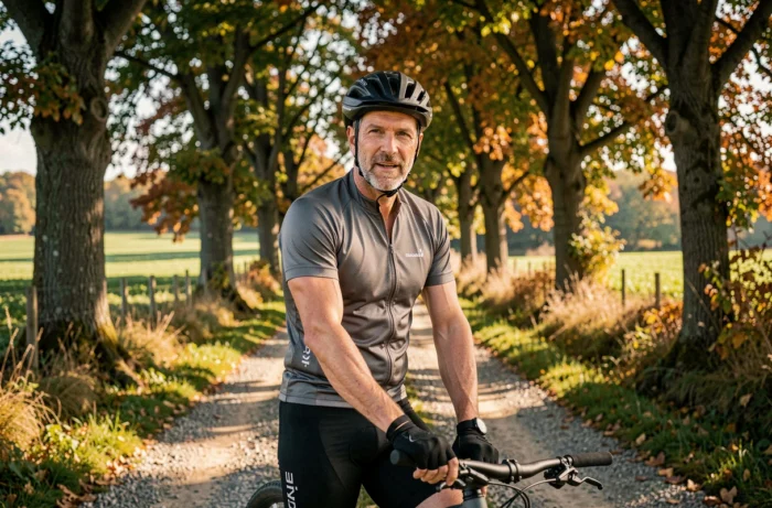 Cycliste français en pause sur un sentier de gravier au cœur d'une forêt de chênes en automne dans la campagne française