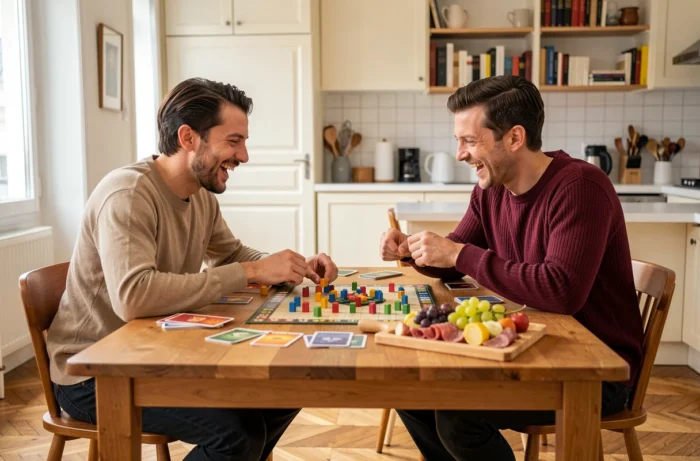 Deux amis français jouant à un jeu de société autour d'une table en bois dans un appartement parisien moderne et convivial