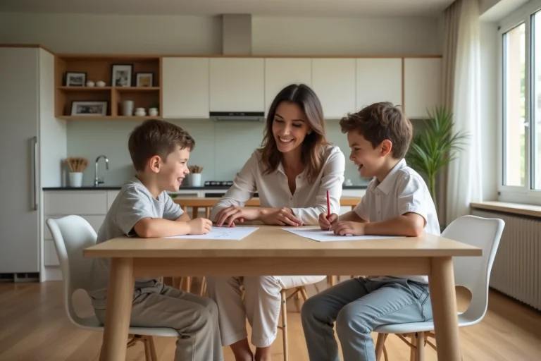 Femme et deux enfants dessinant à la cuisine lumineuse
