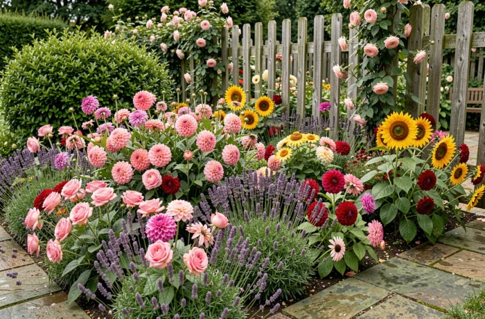 Massif de fleurs variées avec lavandes, roses, dahlias et tournesols dans un jardin de cottage en pleine floraison estivale