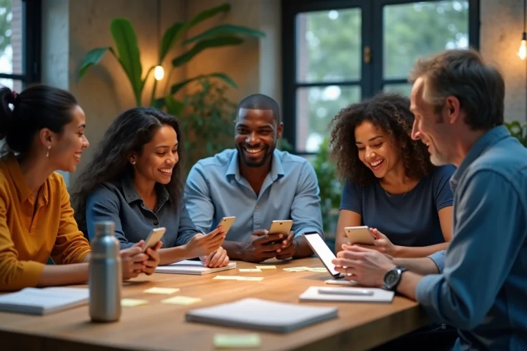 Groupe multiculturel d'adultes utilisant des applications de traduction sur smartphones autour d'une table dans un espace de coworking moderne