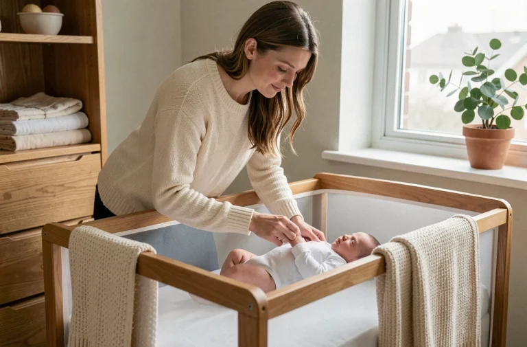 Jeune mère installant son nouveau-né dans un berceau en bois dans une chambre de bébé moderne et chaleureuse