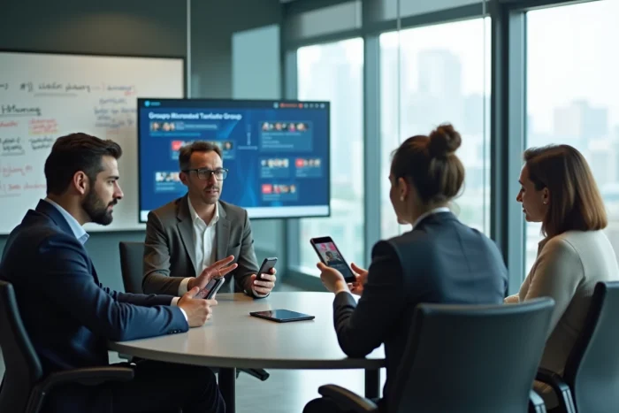 Trois adultes multiculturels participant à une conversation de groupe multilingue via Microsoft Traducteur en salle de réunion
