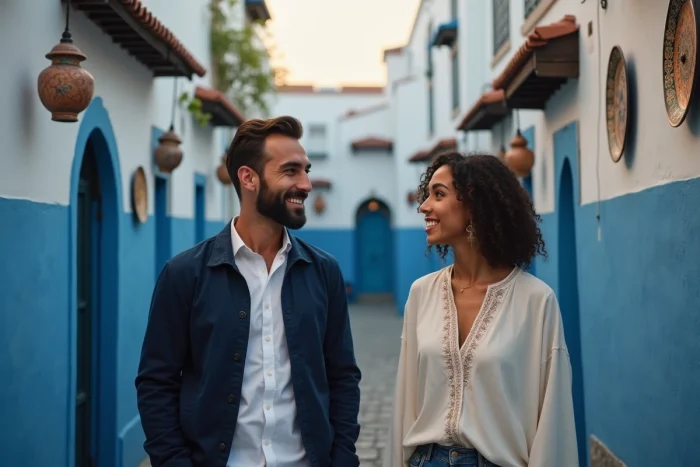 Couple d'origine arabe et maghrébine devant une ruelle de médina traditionnelle avec lanternes et céramiques