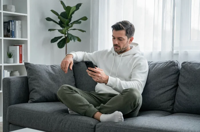 Homme naviguant sur son téléphone portable en toute sécurité depuis son salon pour utiliser CrunchyScan FR