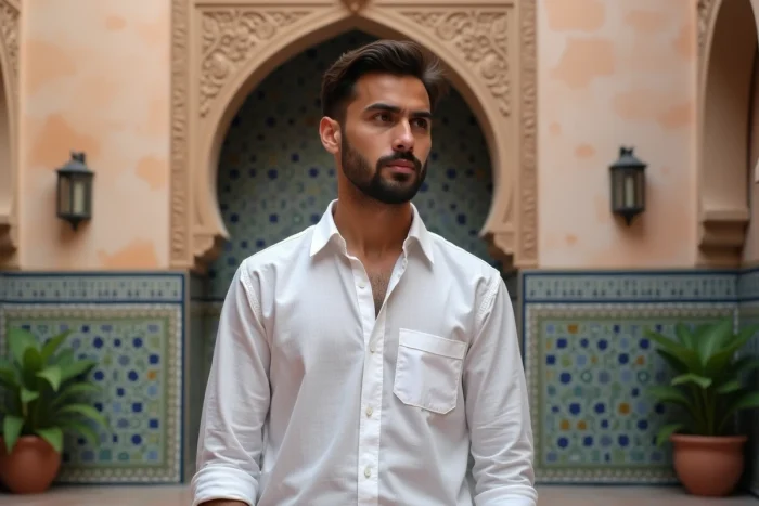 Jeune homme d'origine nord-africaine devant un mur de zellige marocain traditionnel dans un riad authentique