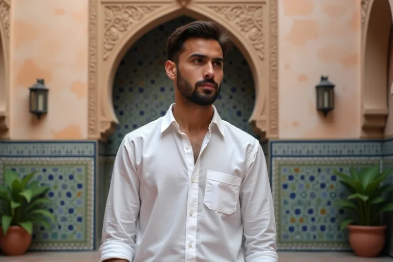 Jeune homme d'origine nord-africaine devant un mur de zellige marocain traditionnel dans un riad authentique