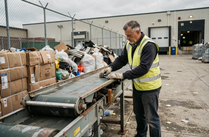 Ouvrier triant des matériaux recyclables sur un tapis roulant dans un centre de récupération industrielle