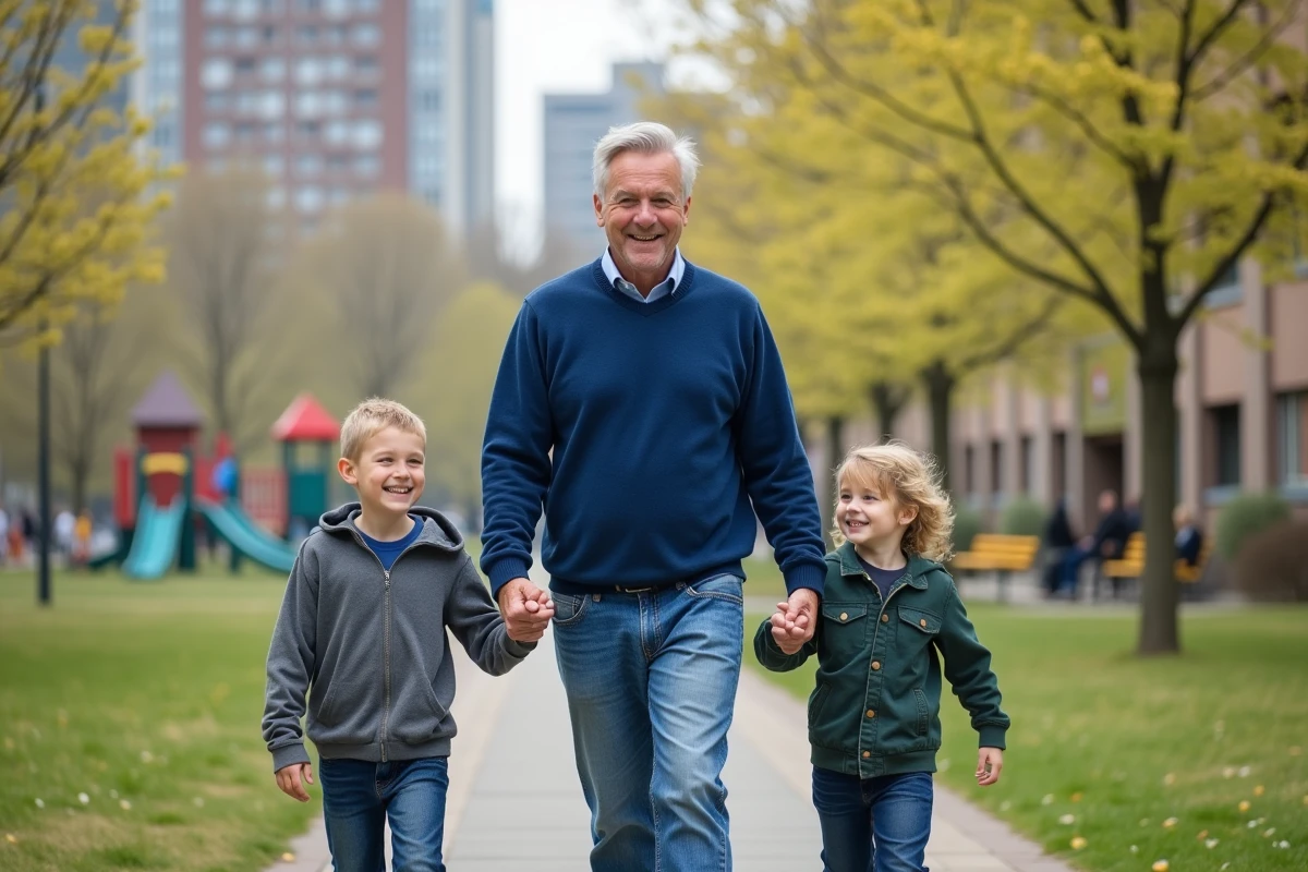 Père et deux garçons marchant dans un parc au printemps