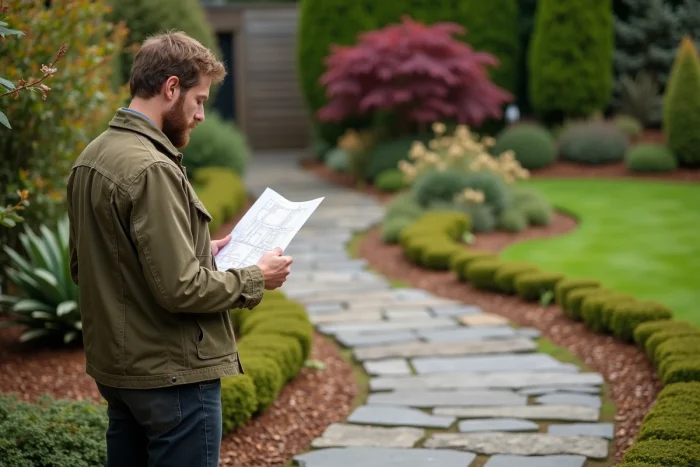 Homme paysagiste inspectant un chemin en dalles de calcaire irrégulières bordé de thym rampant dans un jardin en cours d'aménagement