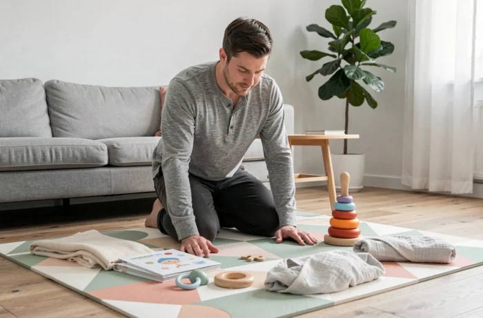Père entouré d'équipements et jouets de puériculture sur un tapis d'éveil dans un salon moderne