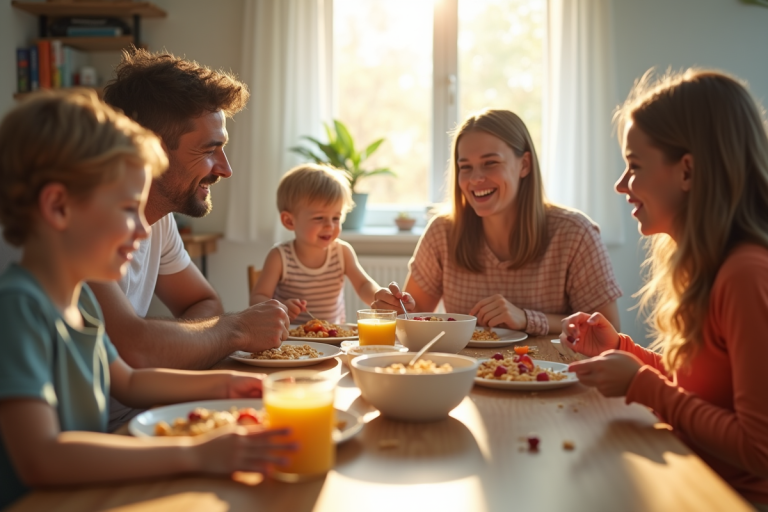 Scène de petit déjeuner en famille avec enfants souriants