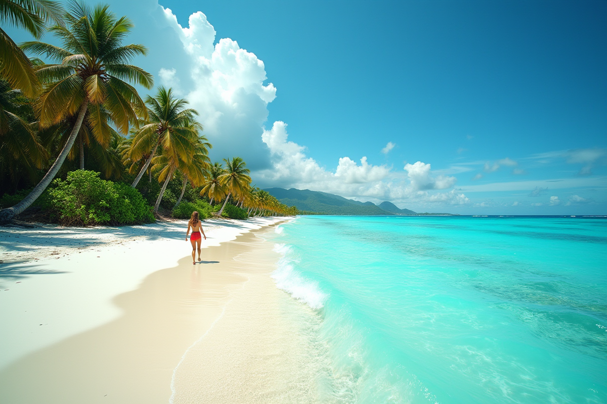 Voyageur seul sur une plage turquoise en plein jour
