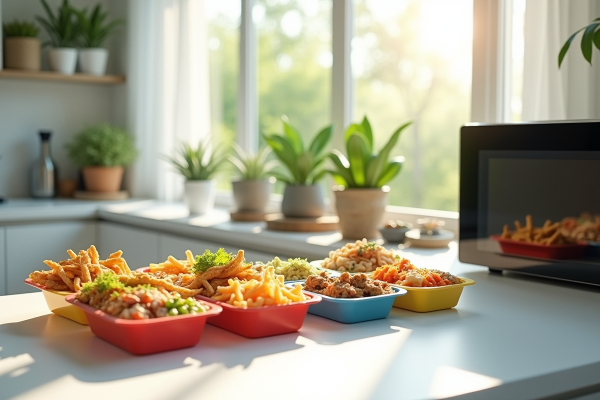 Plusieurs plats colorés de repas micro-ondes sur un plan de travail blanc