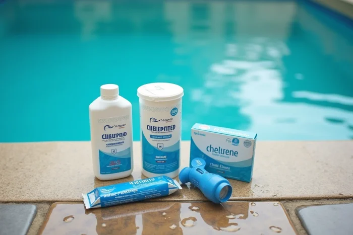 Vue aérienne de produits d'entretien piscine incluant clarifiant et chlore disposés sur une margelle en pierre