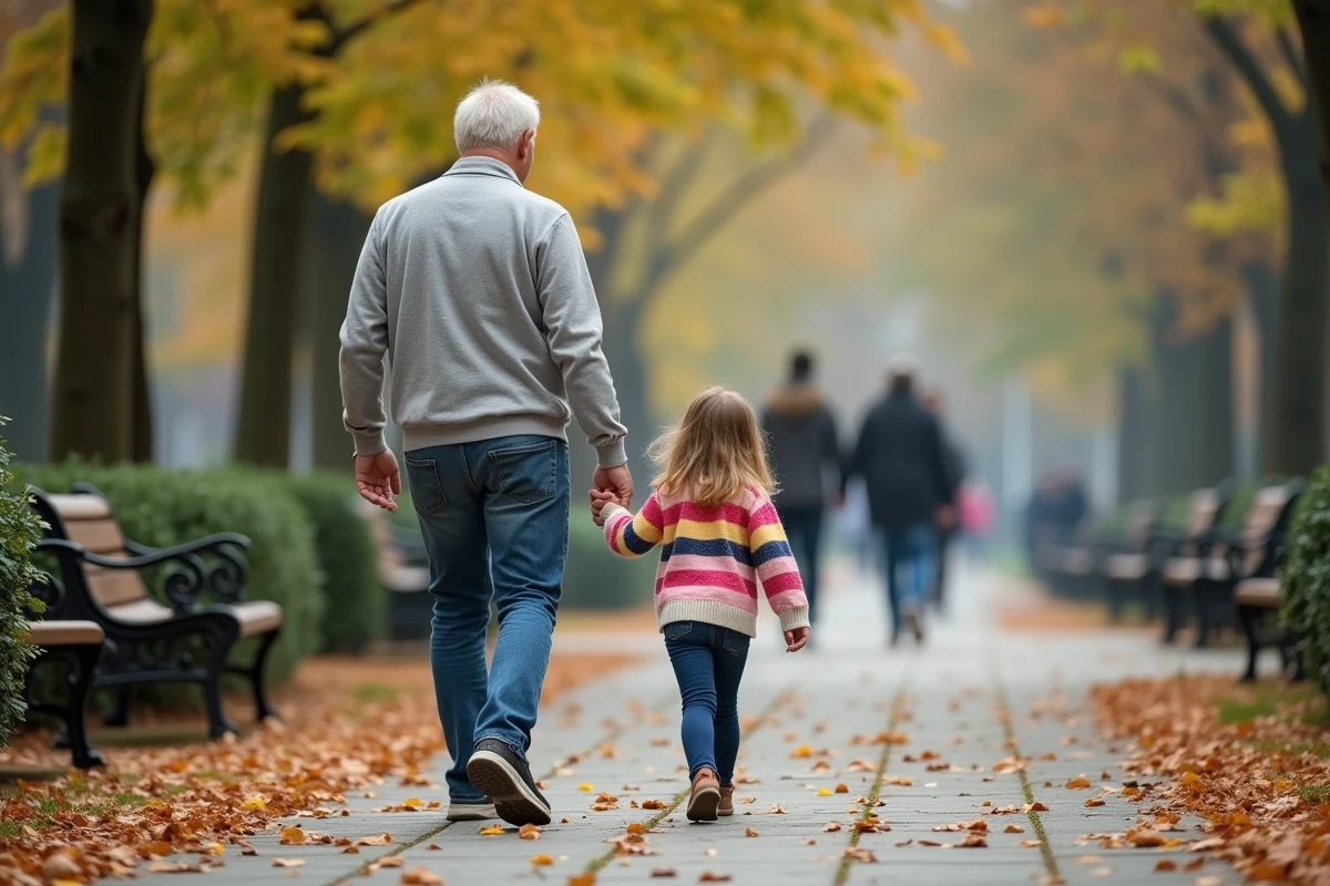 Père et fille se promenant dans un parc en automne