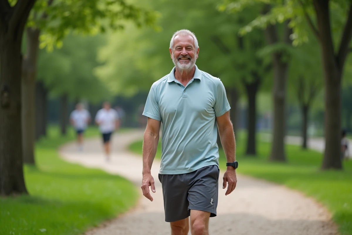 Homme marchant dans un parc urbain verdoyant