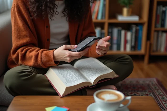 Femme hispanique utilisant Reverso Context sur smartphone pour apprendre du vocabulaire en contexte avec un manuel de langue ouvert
