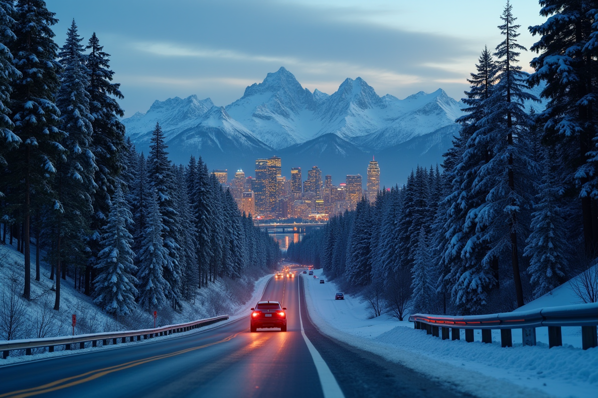 Voiture sur une route enneigee menant à Vancouver au coucher du soleil