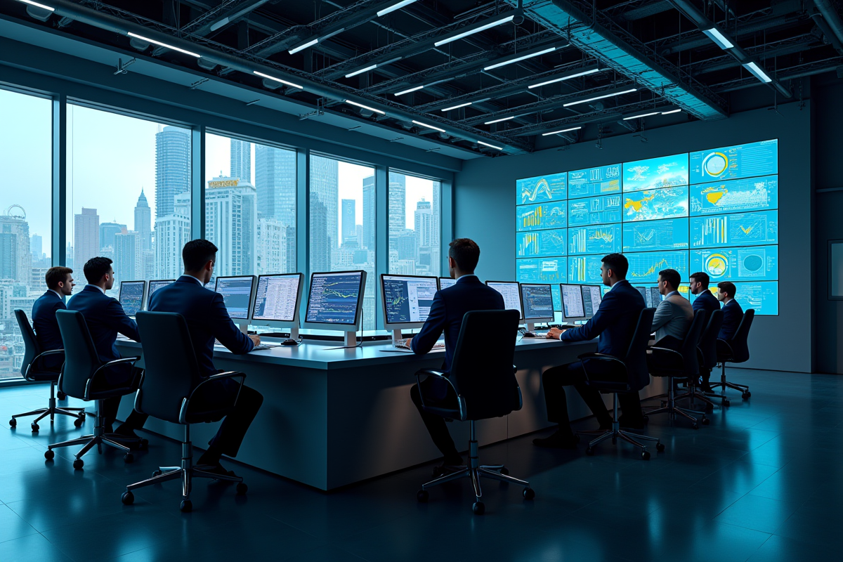 Salle de contrôle avec écrans numériques et équipe d experts en industrie