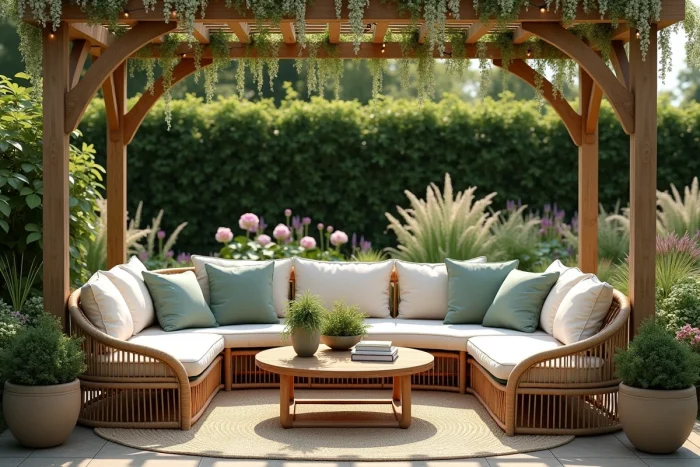 Coin salon extérieur sous une pergola en bois avec canapé en rotin, coussins en lin et jardinières en céramique dans un jardin fleuri