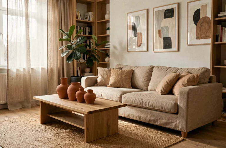 Salon scandinave moderne décoré avec des tendances actuelles : canapé en lin, vases en céramique terracotta et plante d'intérieur près d'une grande fenêtre