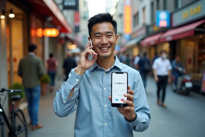 Homme asiatique utilisant SayHi Translate pour une traduction vocale instantanée dans une rue urbaine animée