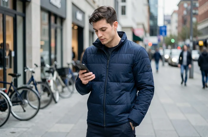 Homme consultant CrunchyScan FR sur son smartphone en milieu urbain en appliquant les bonnes pratiques de sécurité mobile