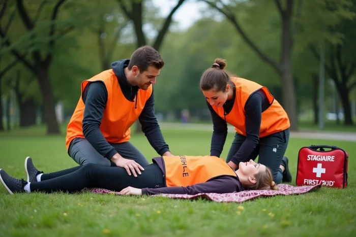 Stagiaires en secourisme pratiquant la position latérale de sécurité en extérieur lors d'un exercice pratique de formation