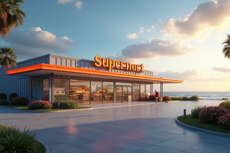 Supermarché moderne en bord de mer ensoleille sur une ile