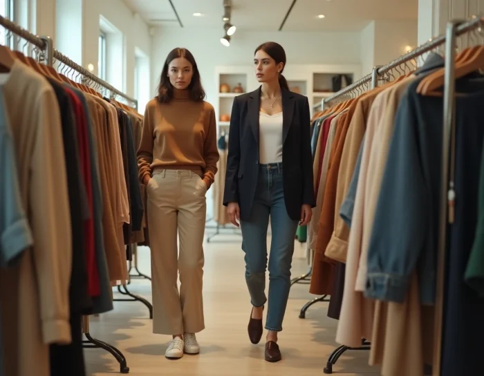 Deux femmes en tenue minimaliste tendance 1995 avec pantalon large taille haute et blazer structuré, faisant du shopping dans une boutique vintage aux murs blancs