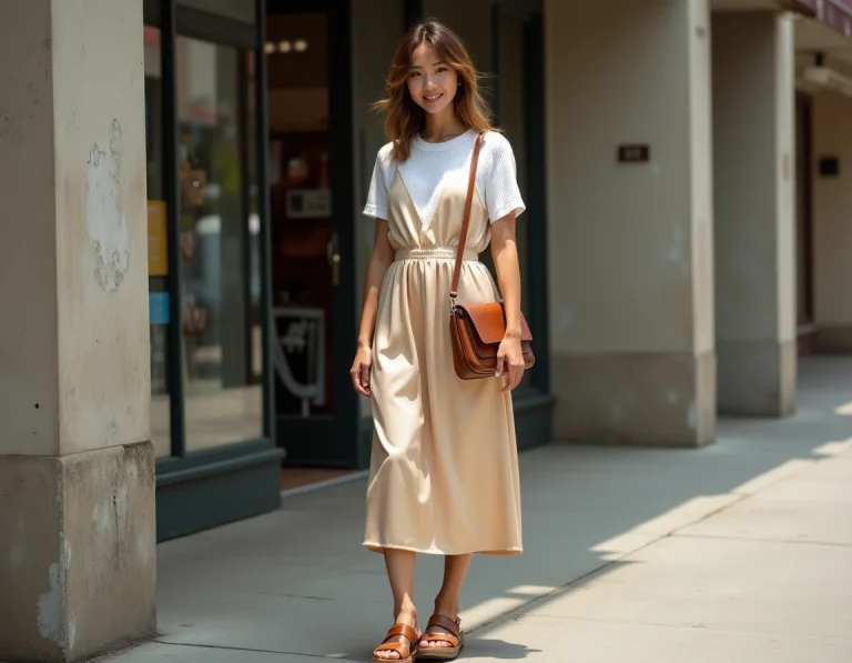 Jeune femme portant un look tendance 1995 avec robe slip dress en satin sur t-shirt blanc, sandales plateformes et sac bandoulière en cuir dans une rue urbaine