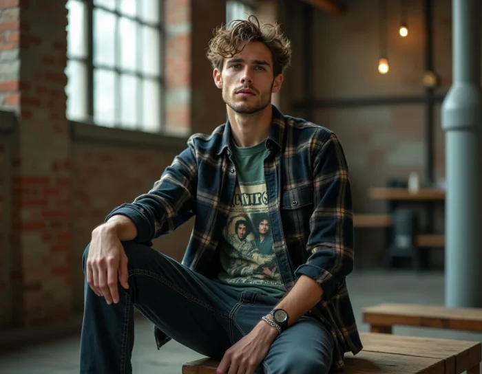 Homme en tenue grunge années 90 avec chemise flanelle à carreaux, t-shirt graphique, jean droit et bottines combat boots dans un loft industriel