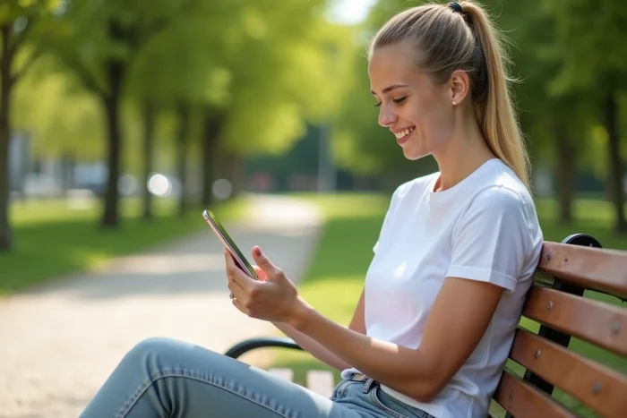 Jeune femme utilisant l'application native Traduction d'Apple sur iPhone dans un parc urbain pour traduire du français en espagnol
