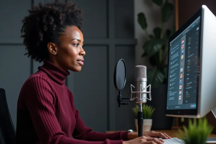 Femme noire utilisant un système de traduction vocale instantanée alimenté par IA générative avec microphone USB dans un studio à domicile