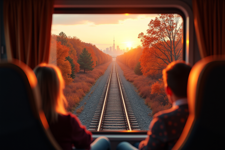 Train voyageant dans les paysages automnaux canadiens avec érables rouges