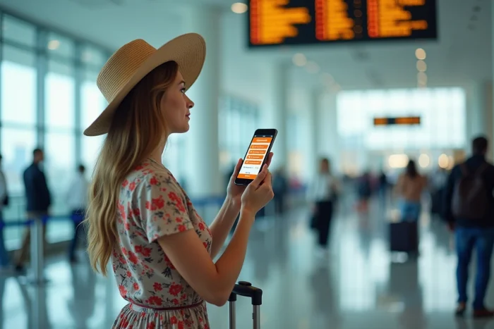 Femme voyageuse utilisant TripLingo dans un aéroport international pour des phrases de voyage adaptées et la traduction culturelle