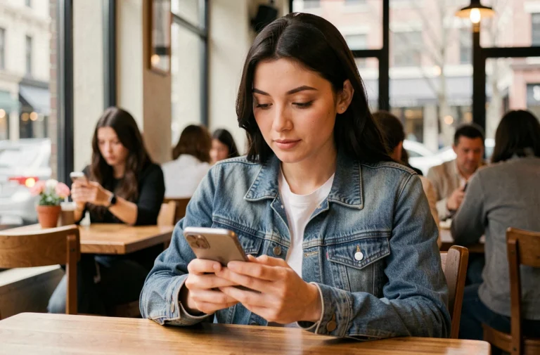 Jeune femme utilisant son smartphone de manière sécurisée dans un café pour accéder à CrunchyScan FR sur mobile