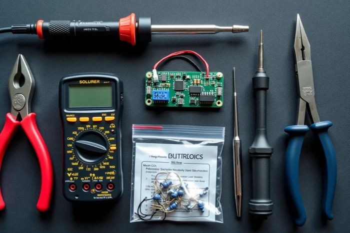 Vue de dessus d'une liste d'outils essentiels pour débuter en électronique disposés sur tissu gris