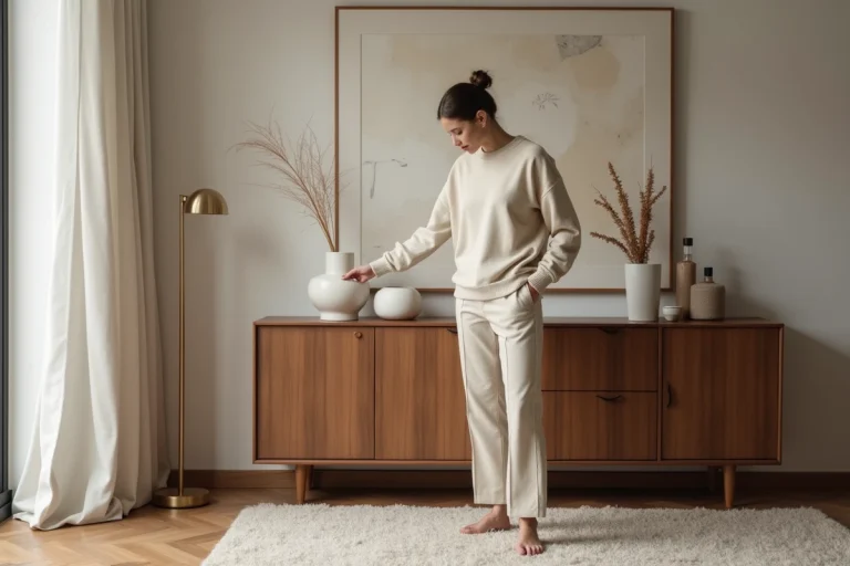 Femme élégante arrangeant un vase en céramique dans un salon moderne